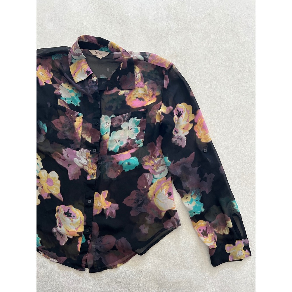 Decree Women Black Floral Sheer Button Down Blouse Long Sleeve Shirt Size M - Picture 9 of 13